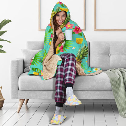 Blue Aloha Pineapple Pattern Print Hooded Blanket