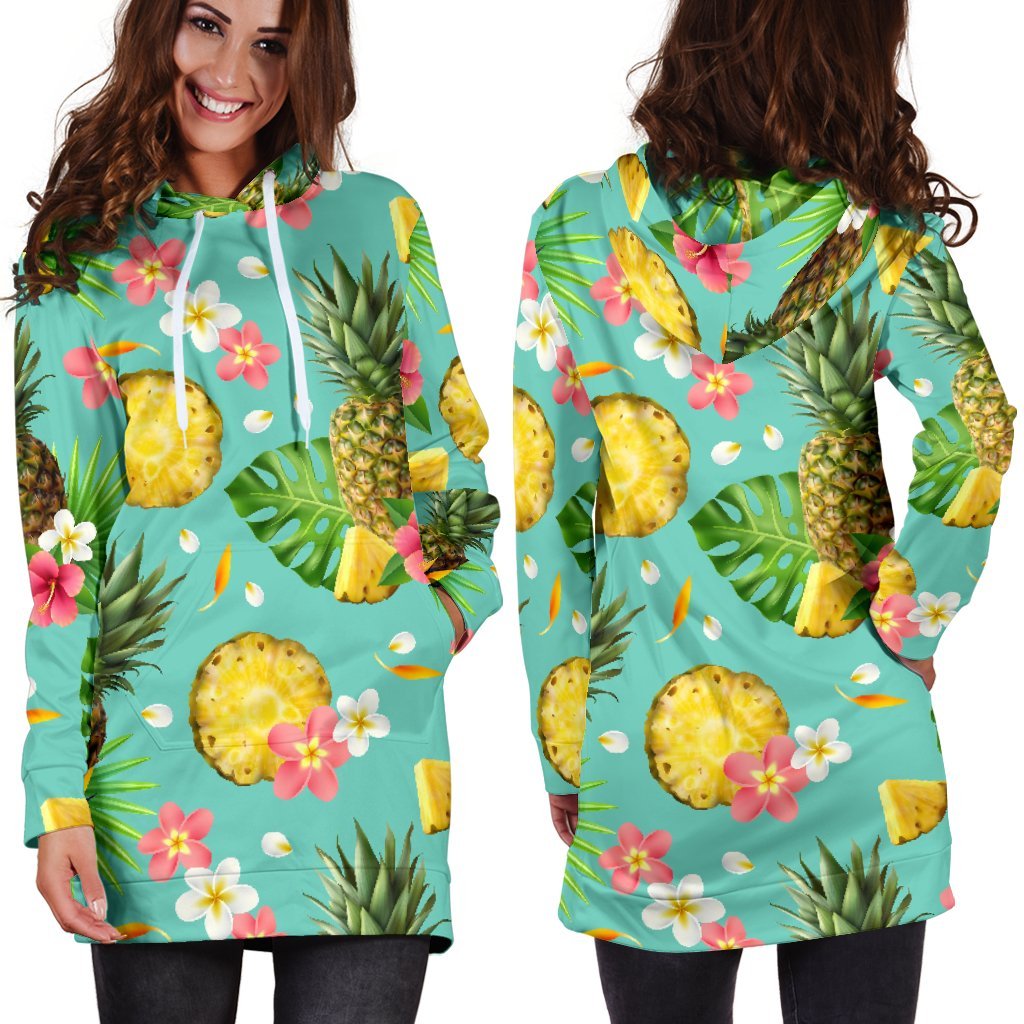 Blue Aloha Pineapple Pattern Print Hoodie Dress GearFrost