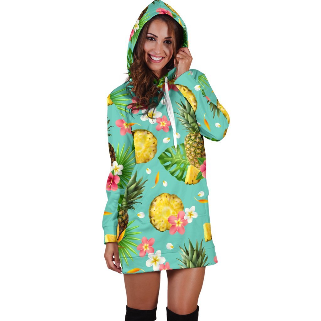 Blue Aloha Pineapple Pattern Print Hoodie Dress GearFrost