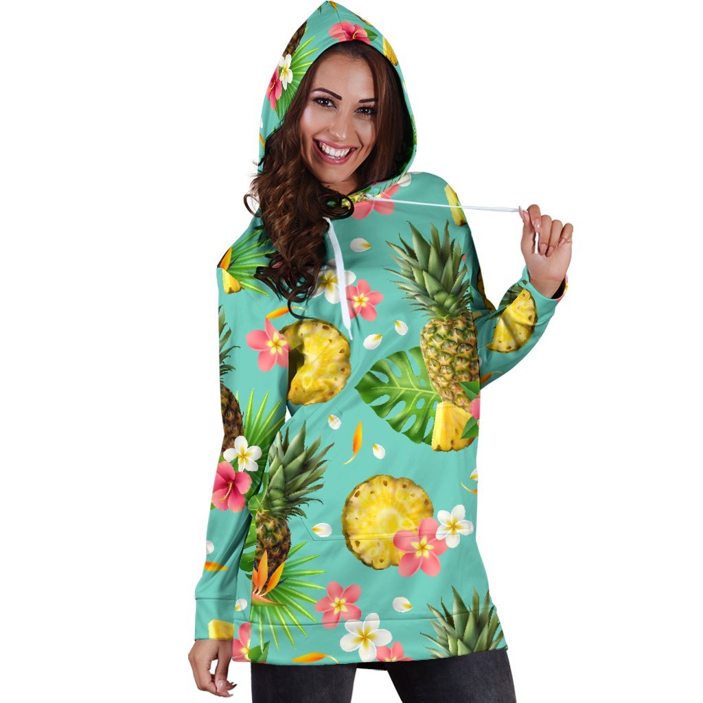 Blue Aloha Pineapple Pattern Print Hoodie Dress GearFrost