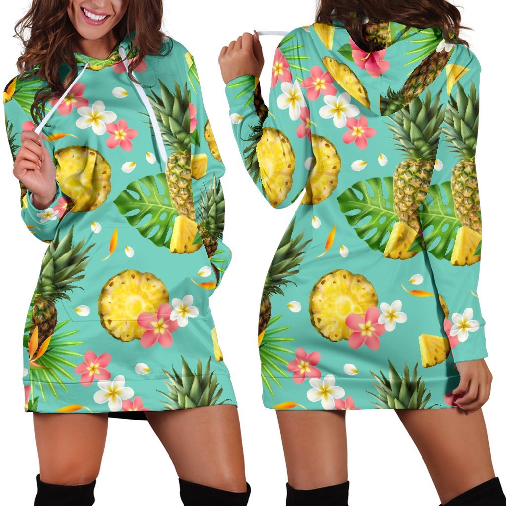 Blue Aloha Pineapple Pattern Print Hoodie Dress GearFrost