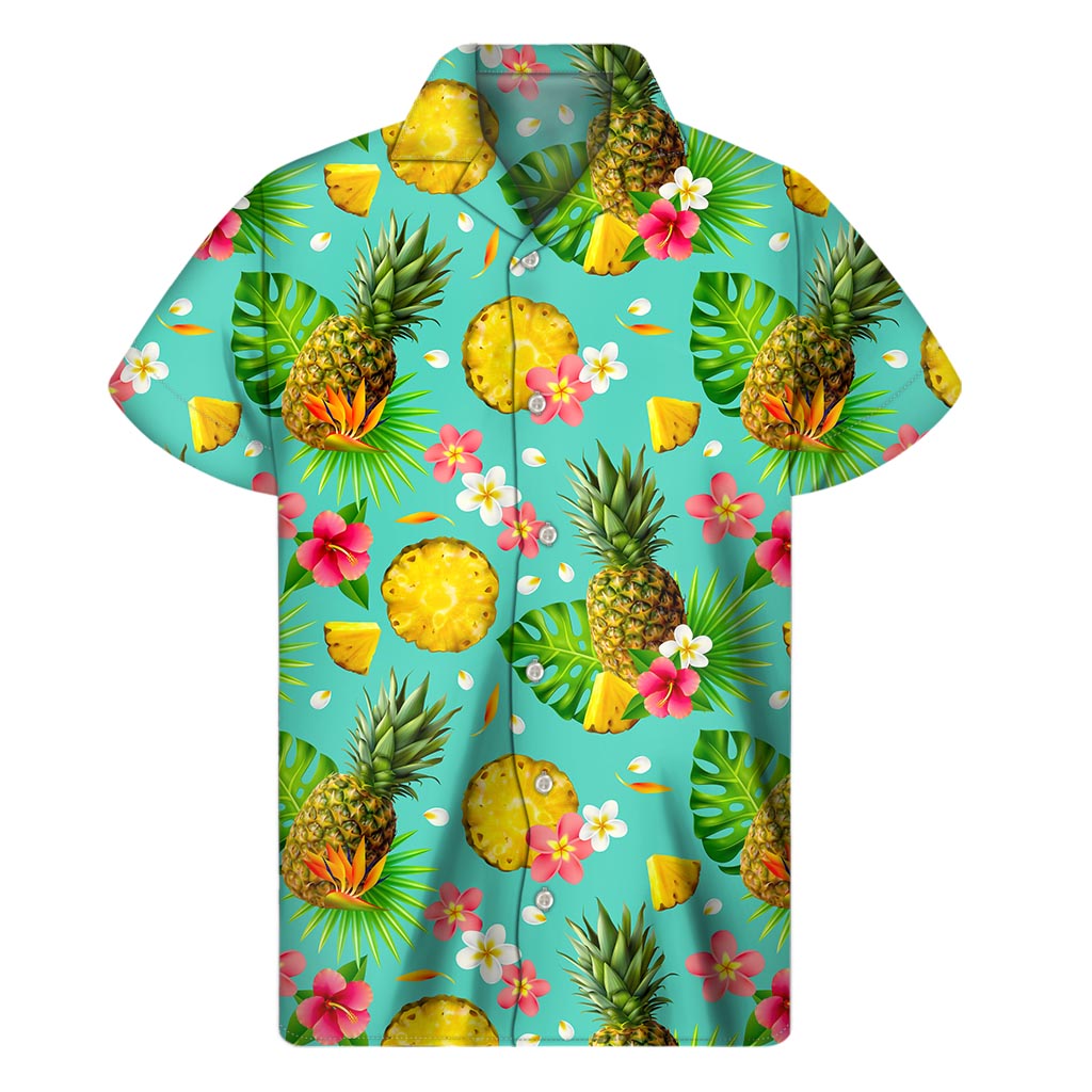 Blue Aloha Pineapple Pattern Print Men's Short Sleeve Shirt