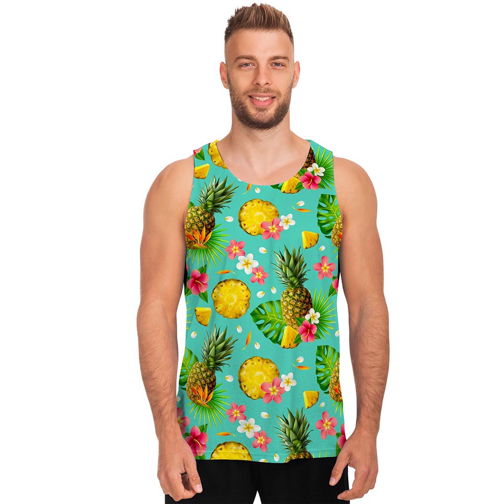 Blue Aloha Pineapple Pattern Print Men's Tank Top