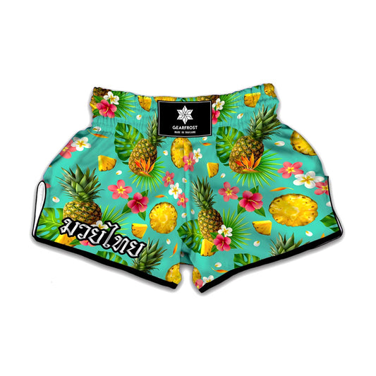 Blue Aloha Pineapple Pattern Print Muay Thai Boxing Shorts