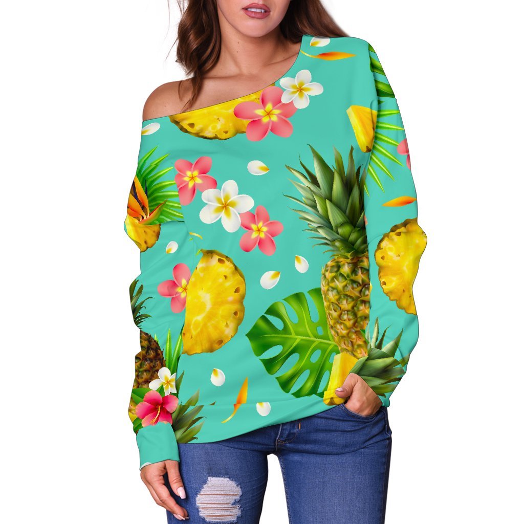 Blue Aloha Pineapple Pattern Print Off Shoulder Sweatshirt GearFrost