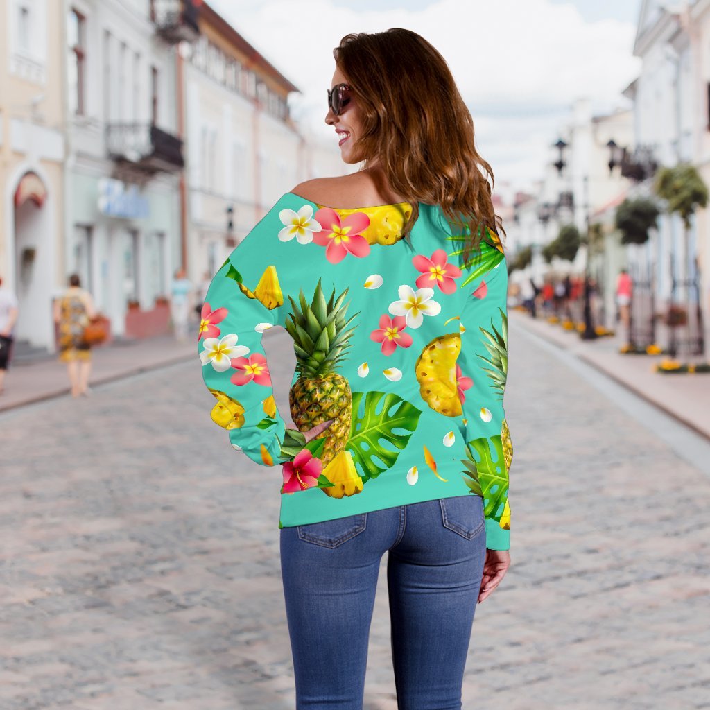 Blue Aloha Pineapple Pattern Print Off Shoulder Sweatshirt GearFrost