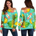 Blue Aloha Pineapple Pattern Print Off The Shoulder Sweatshirt