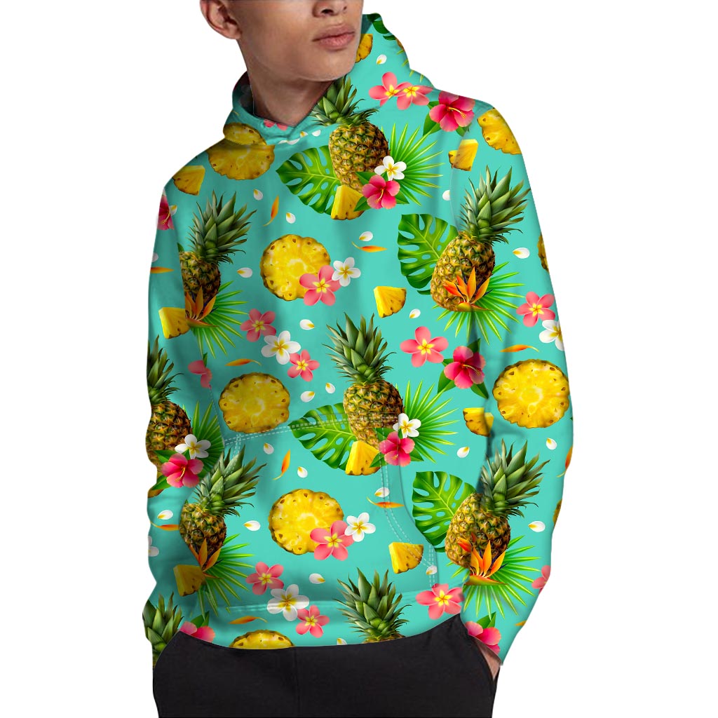 Blue Aloha Pineapple Pattern Print Pullover Hoodie