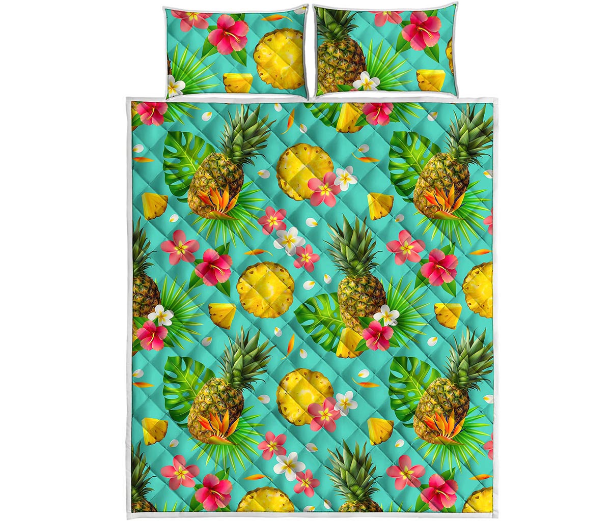 Blue Aloha Pineapple Pattern Print Quilt Bed Set