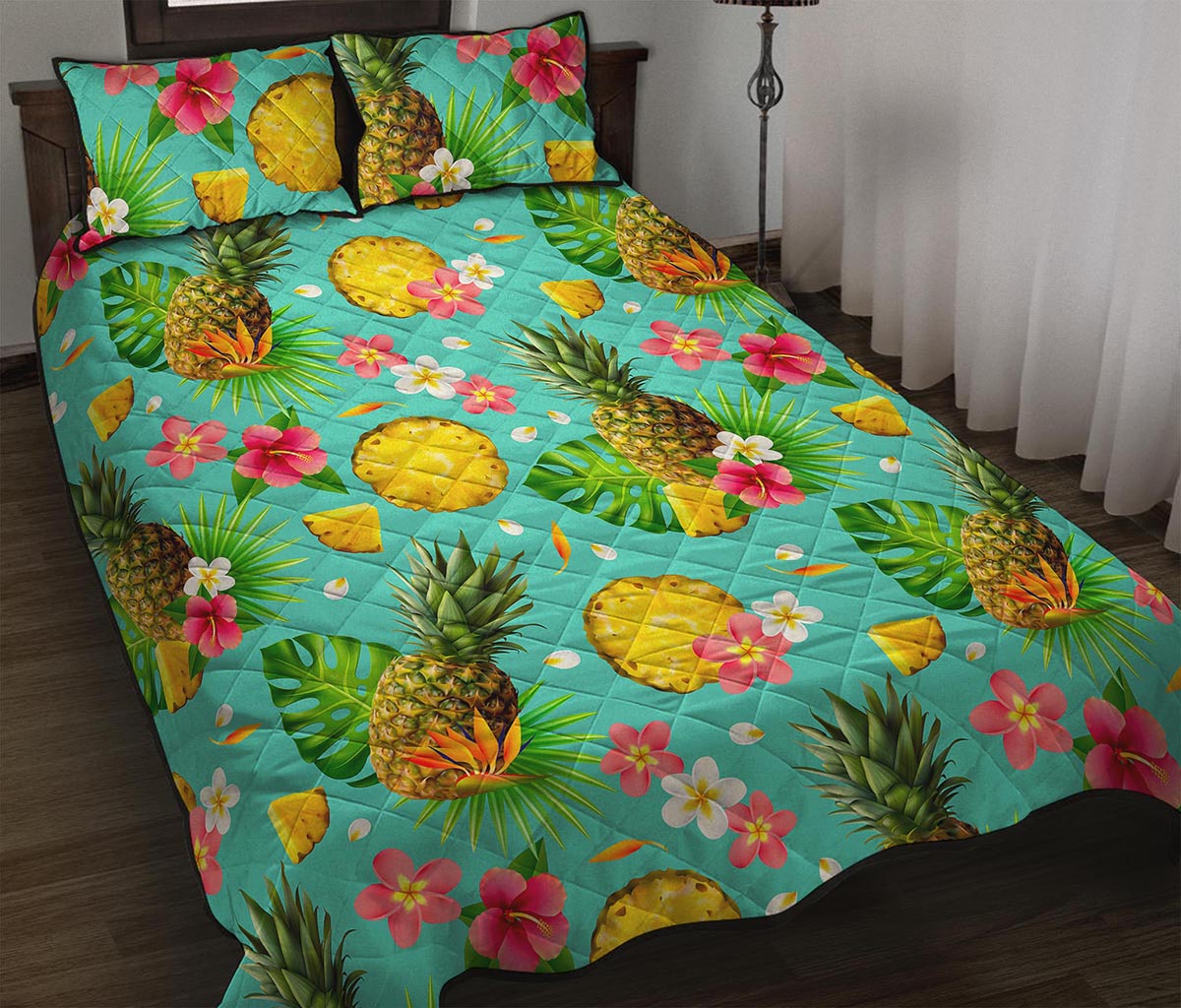 Blue Aloha Pineapple Pattern Print Quilt Bed Set