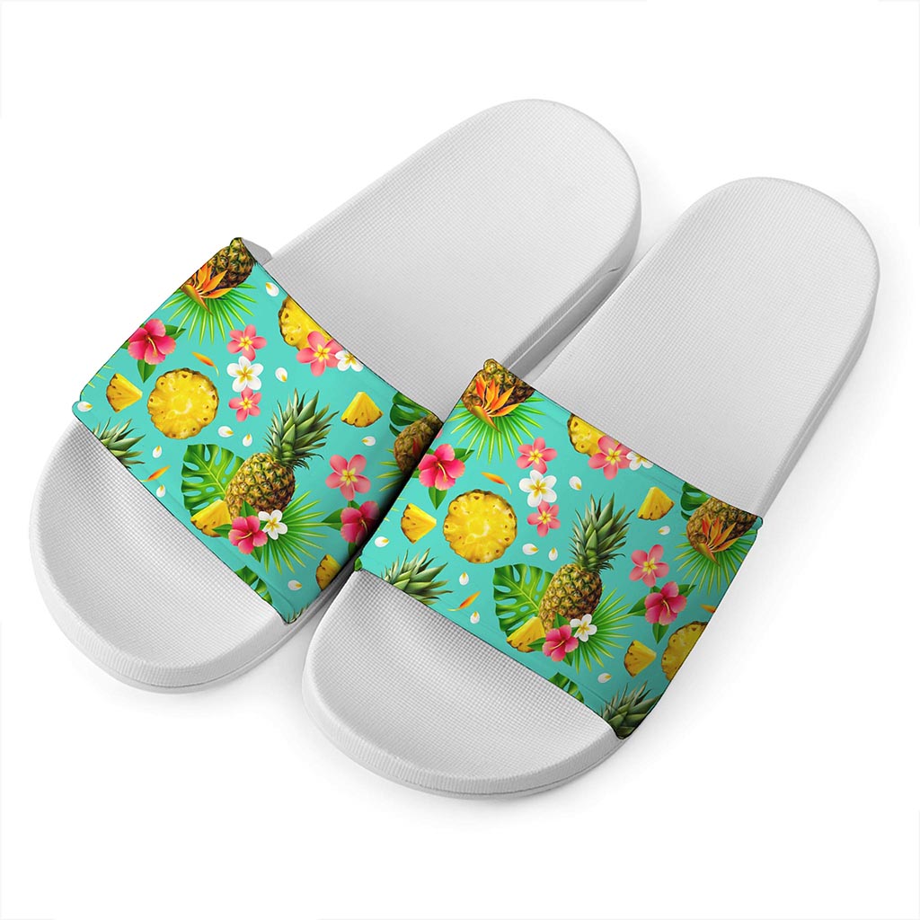 Blue Aloha Pineapple Pattern Print White Slide Sandals