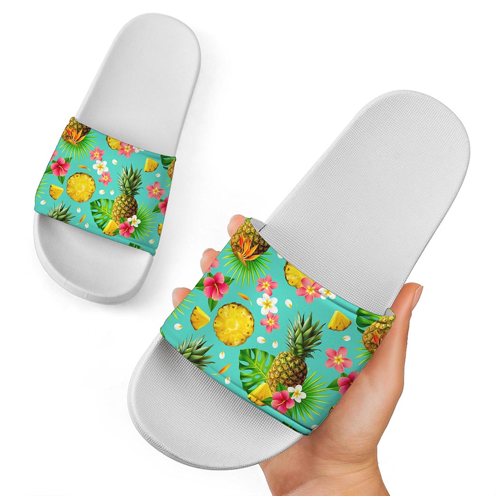 Blue Aloha Pineapple Pattern Print White Slide Sandals