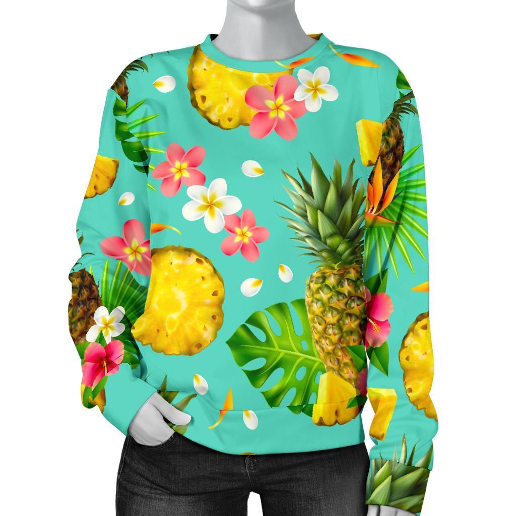 Blue Aloha Pineapple Pattern Print Women's Crewneck Sweatshirt GearFrost