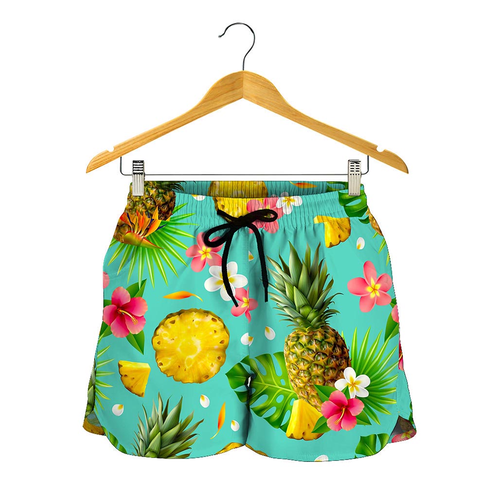 Blue Aloha Pineapple Pattern Print Women's Shorts