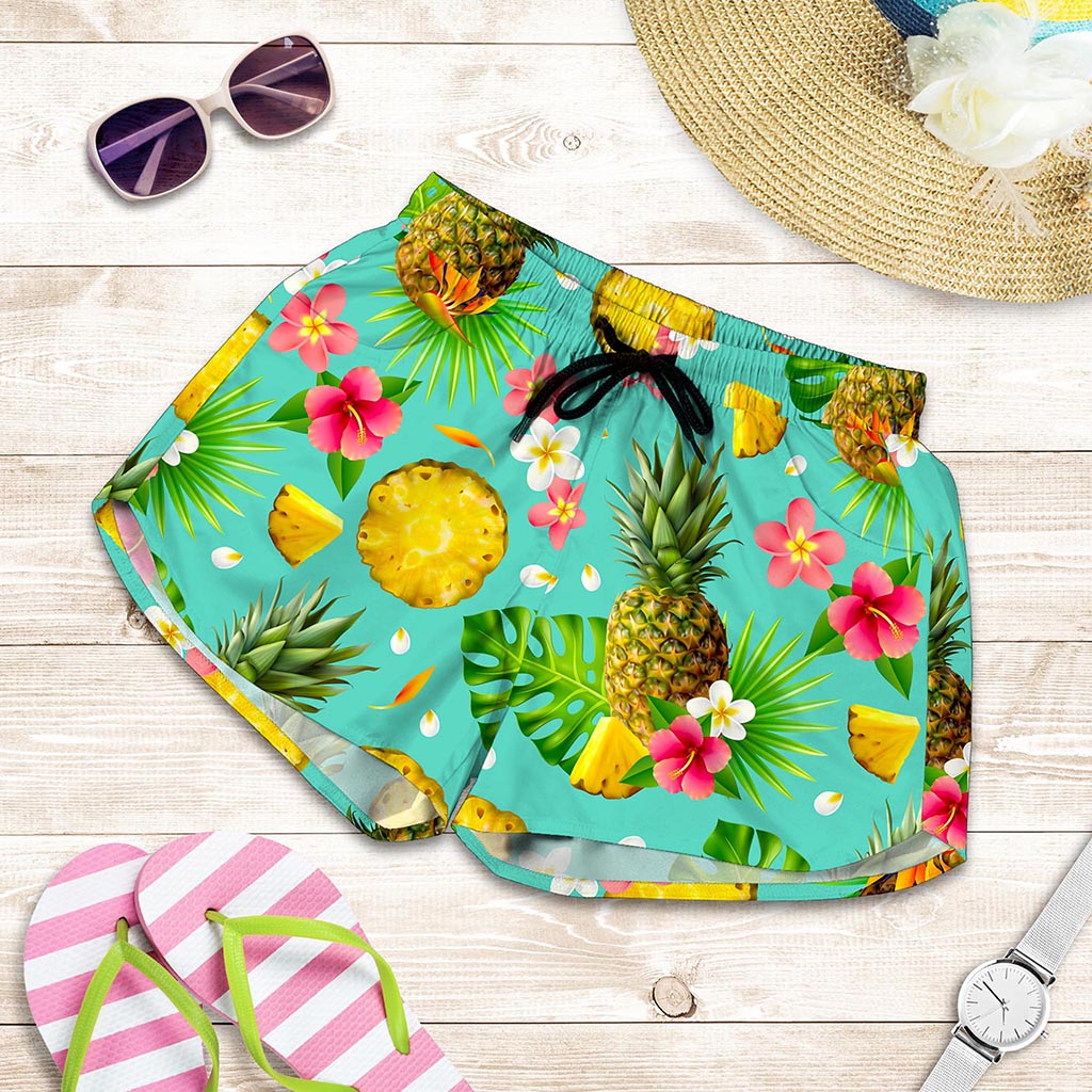 Blue Aloha Pineapple Pattern Print Women's Shorts