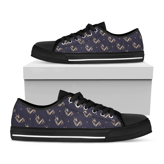 Blue And Beige Mantis Pattern Print Black Low Top Shoes