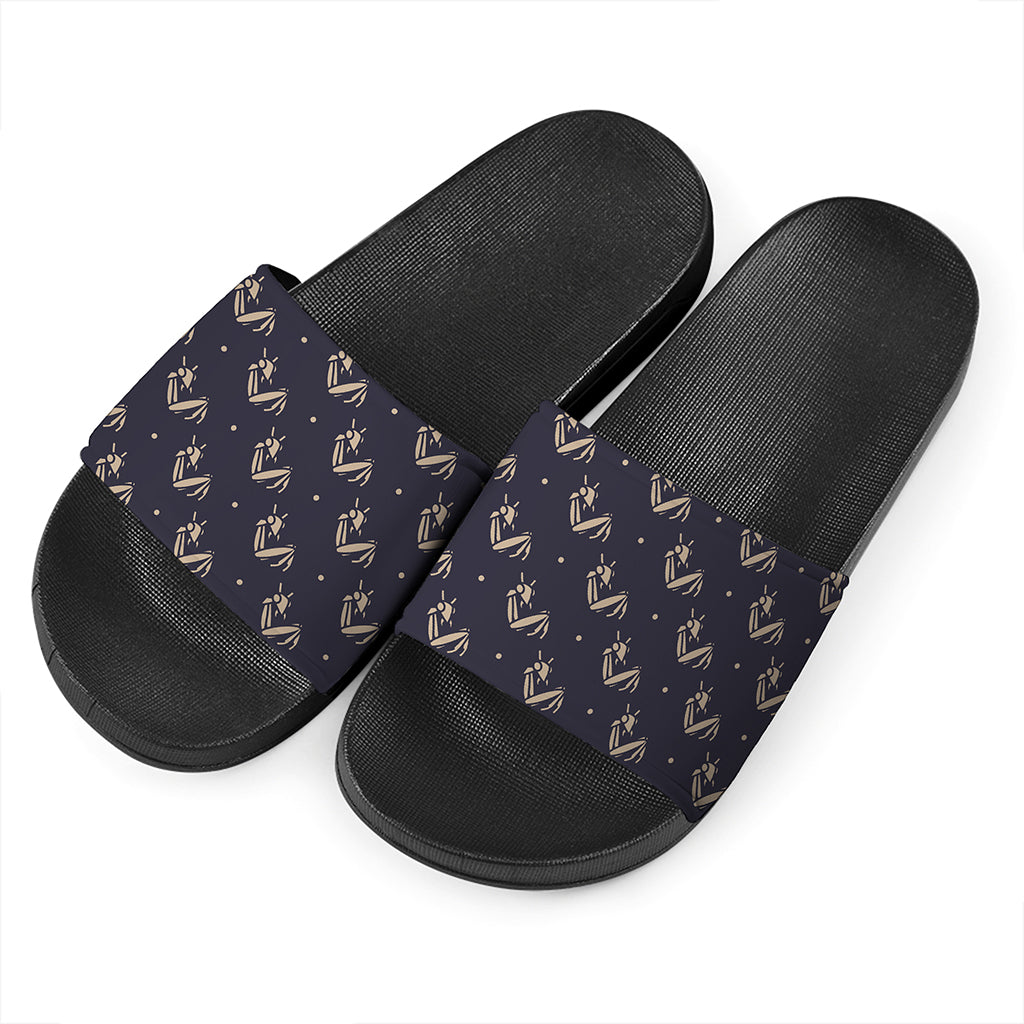 Blue And Beige Mantis Pattern Print Black Slide Sandals