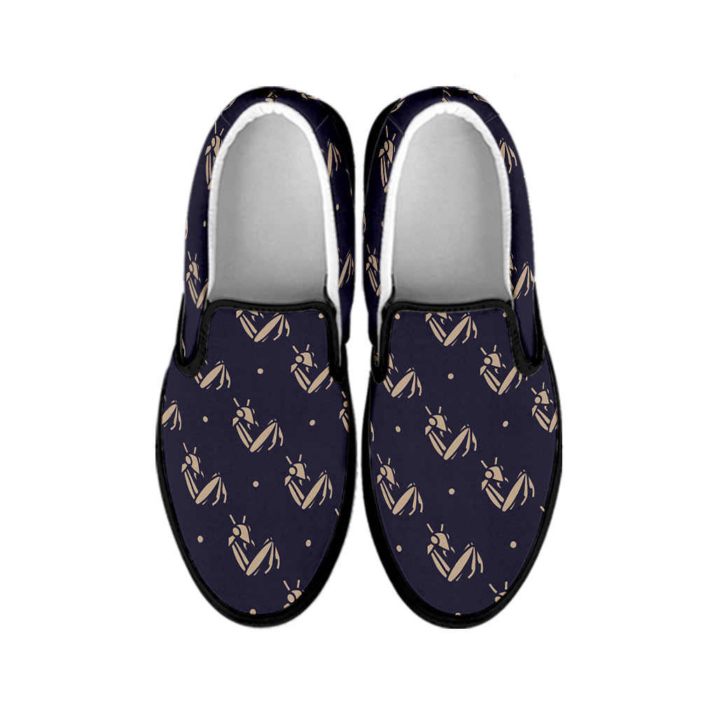 Blue And Beige Mantis Pattern Print Black Slip On Shoes