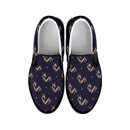 Blue And Beige Mantis Pattern Print Black Slip On Shoes
