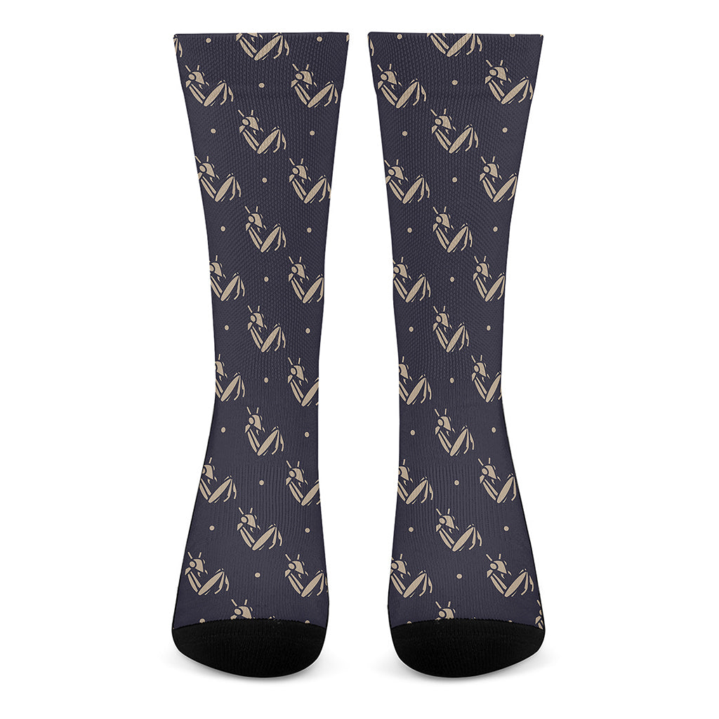 Blue And Beige Mantis Pattern Print Crew Socks