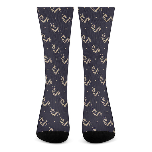 Blue And Beige Mantis Pattern Print Crew Socks