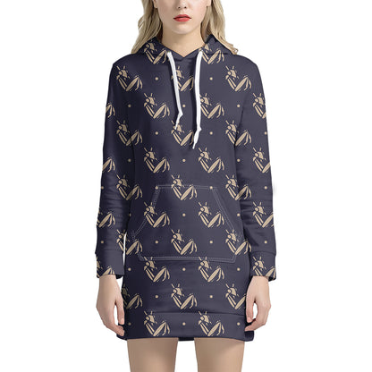 Blue And Beige Mantis Pattern Print Hoodie Dress