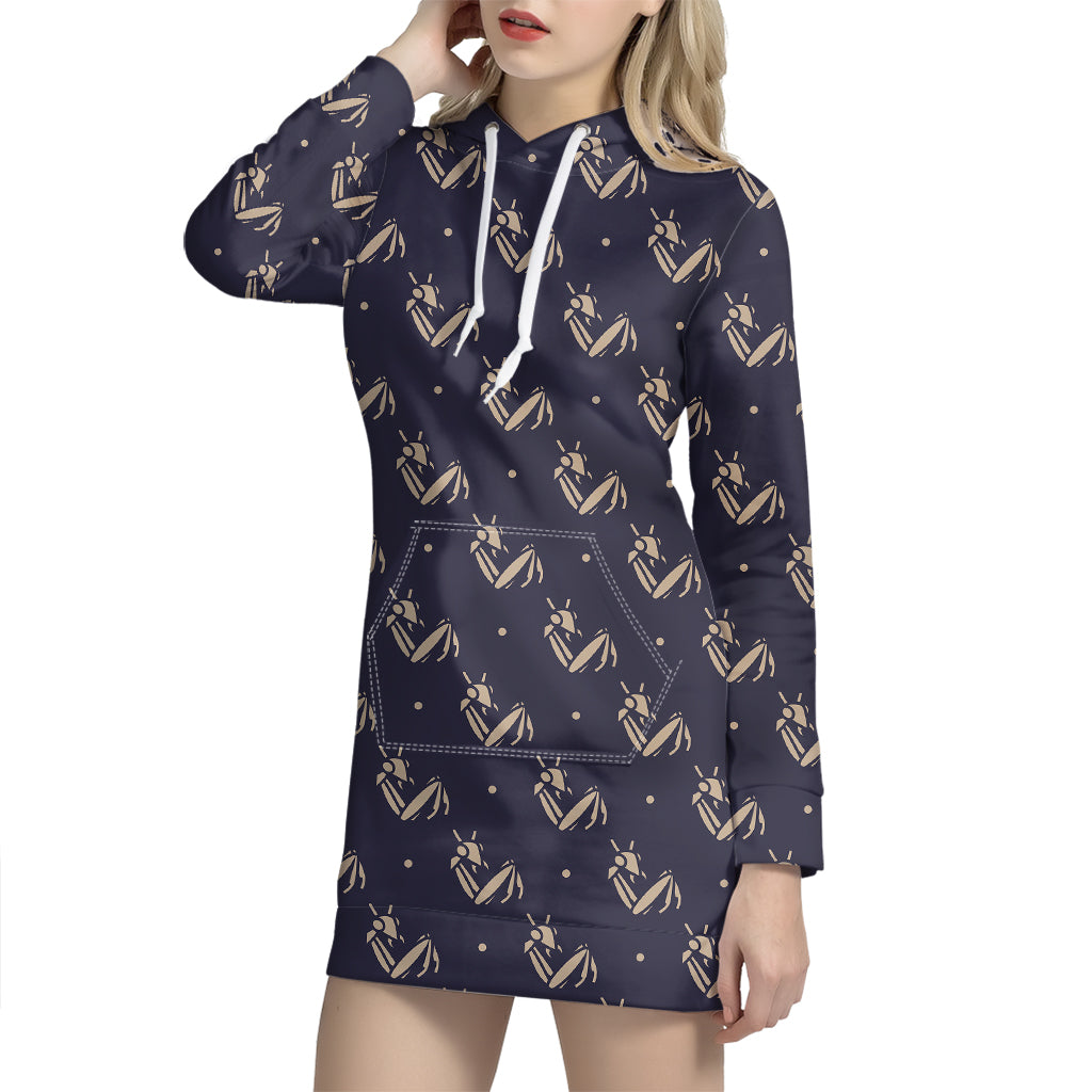 Blue And Beige Mantis Pattern Print Hoodie Dress