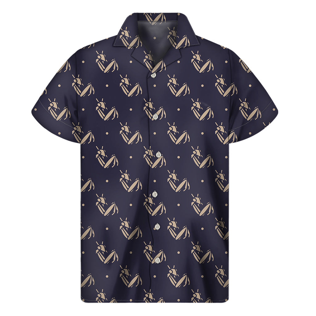 Blue And Beige Mantis Pattern Print Men's Short Sleeve Shirt