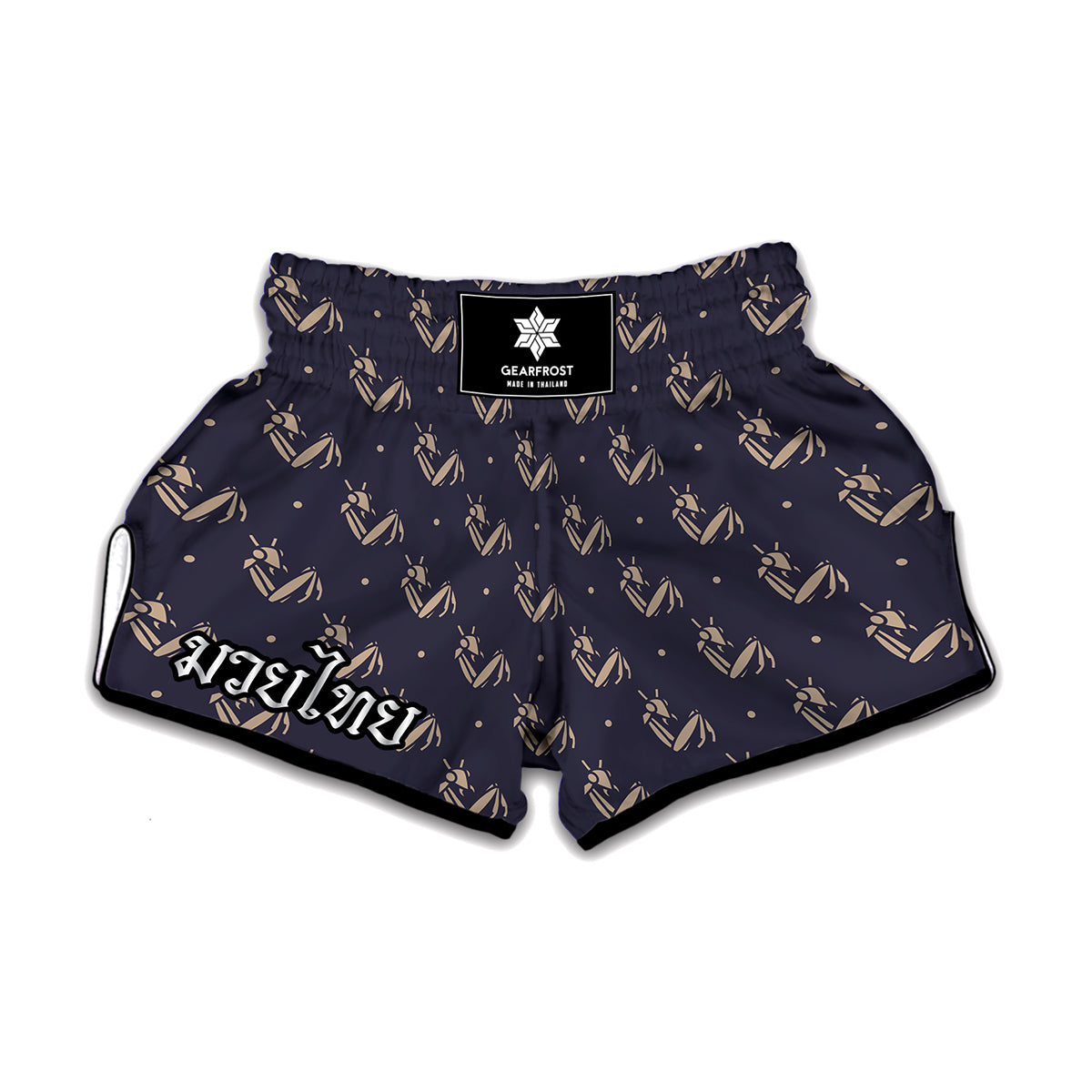 Blue And Beige Mantis Pattern Print Muay Thai Boxing Shorts