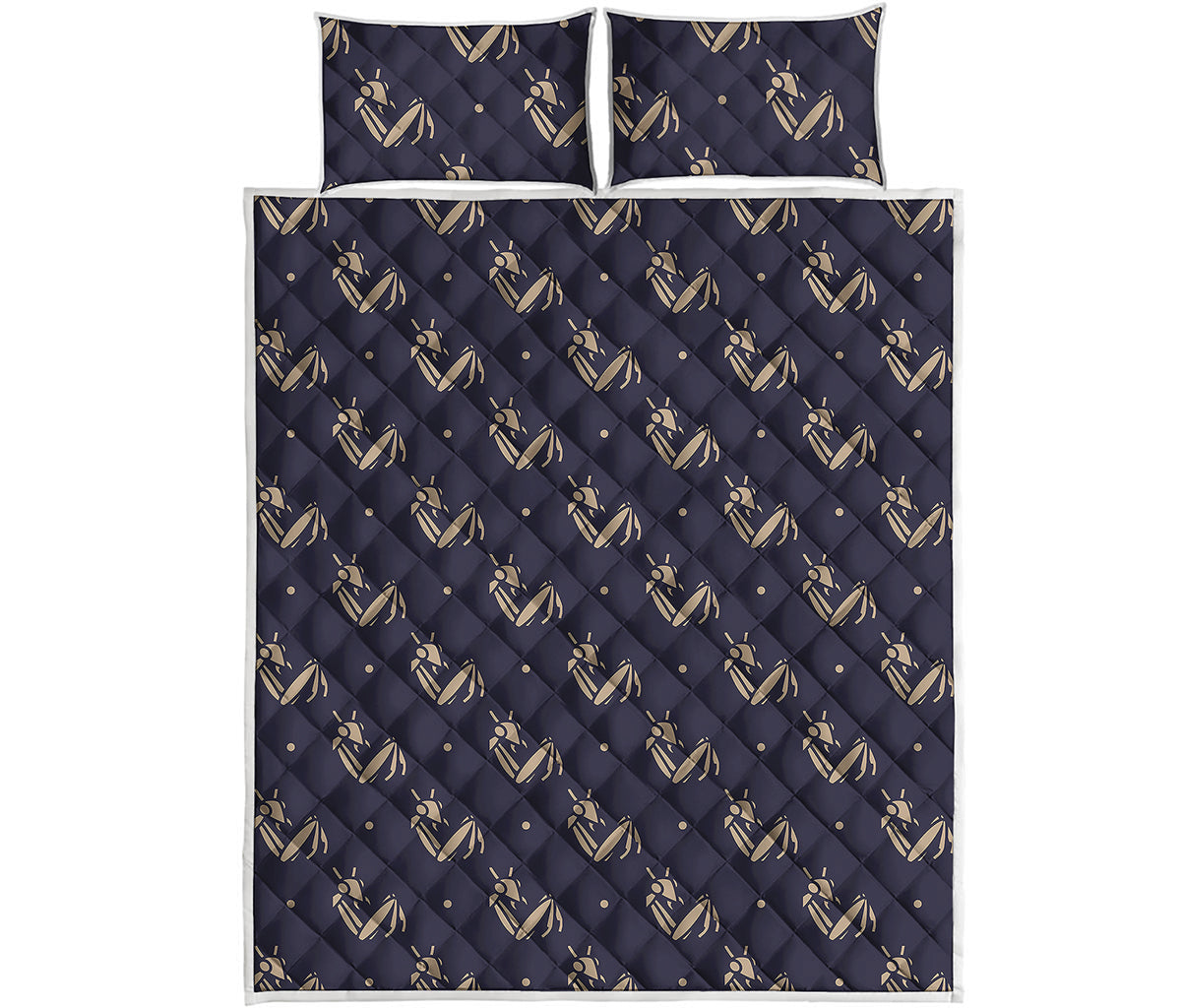 Blue And Beige Mantis Pattern Print Quilt Bed Set