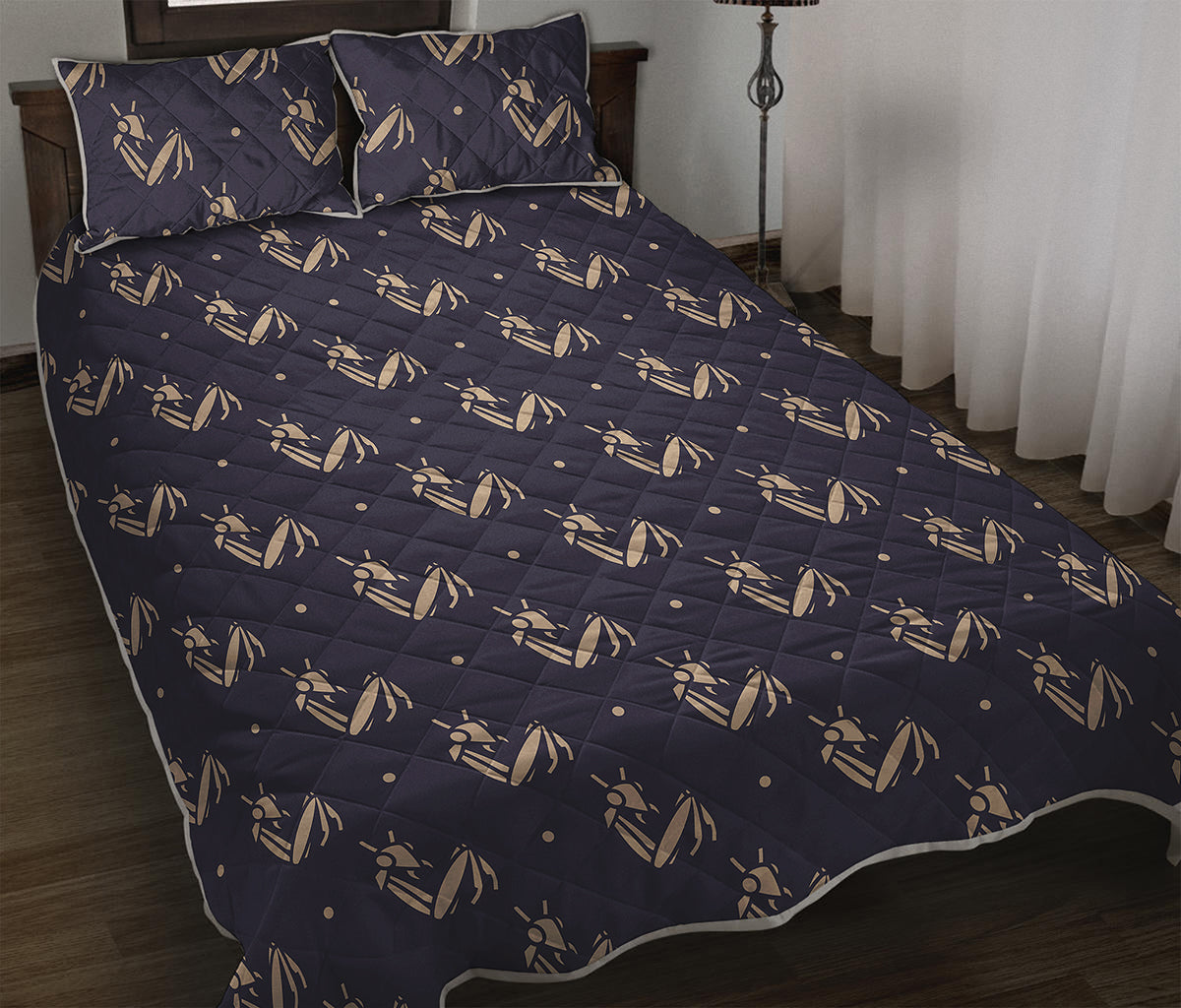 Blue And Beige Mantis Pattern Print Quilt Bed Set