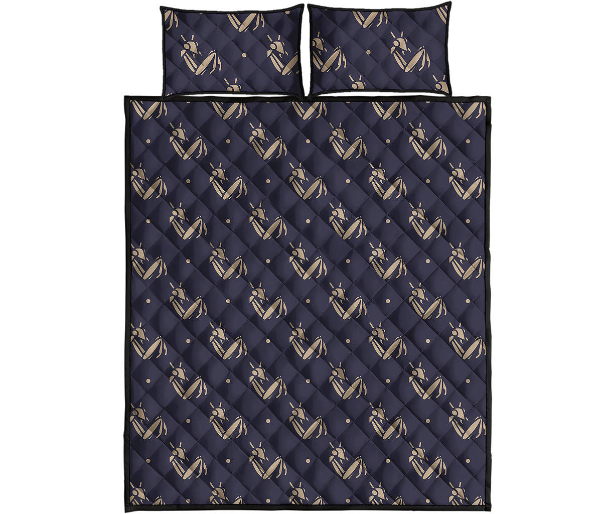 Blue And Beige Mantis Pattern Print Quilt Bed Set