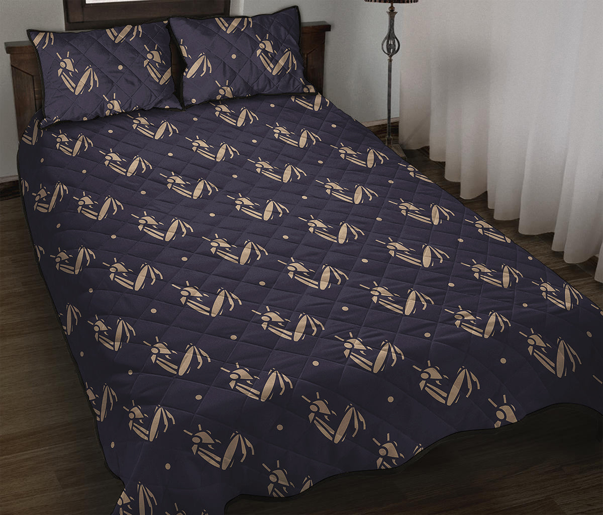 Blue And Beige Mantis Pattern Print Quilt Bed Set