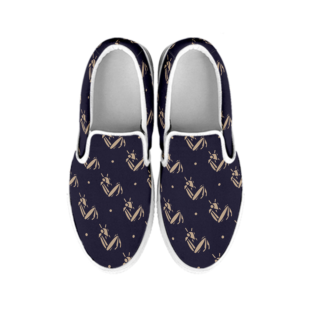 Blue And Beige Mantis Pattern Print White Slip On Shoes