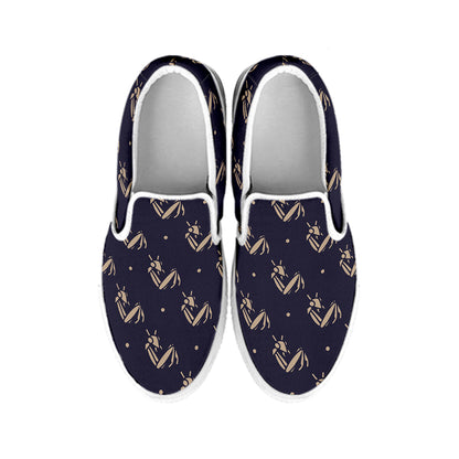Blue And Beige Mantis Pattern Print White Slip On Shoes