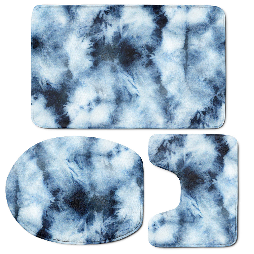 Blue And Black Acid Wash Tie Dye Print 3 Piece Bath Mat Set