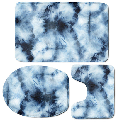 Blue And Black Acid Wash Tie Dye Print 3 Piece Bath Mat Set