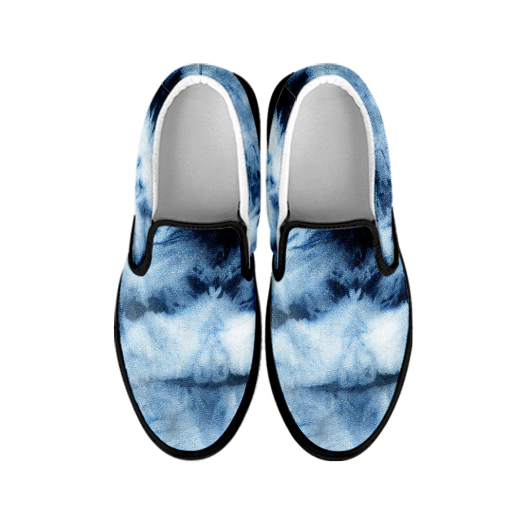 Blue And Black Acid Wash Tie Dye Print Black Slip On Shoes