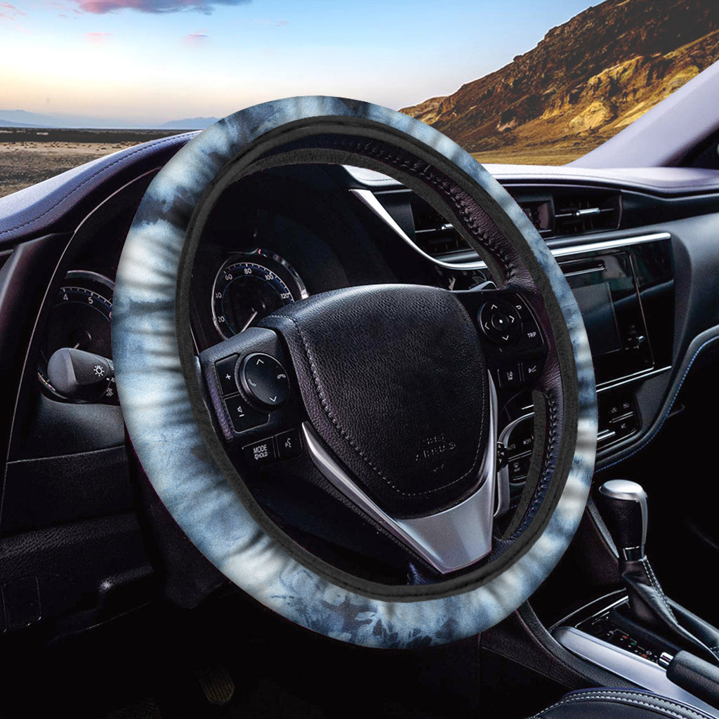 Blue And Black Acid Wash Tie Dye Print Car Steering Wheel Cover