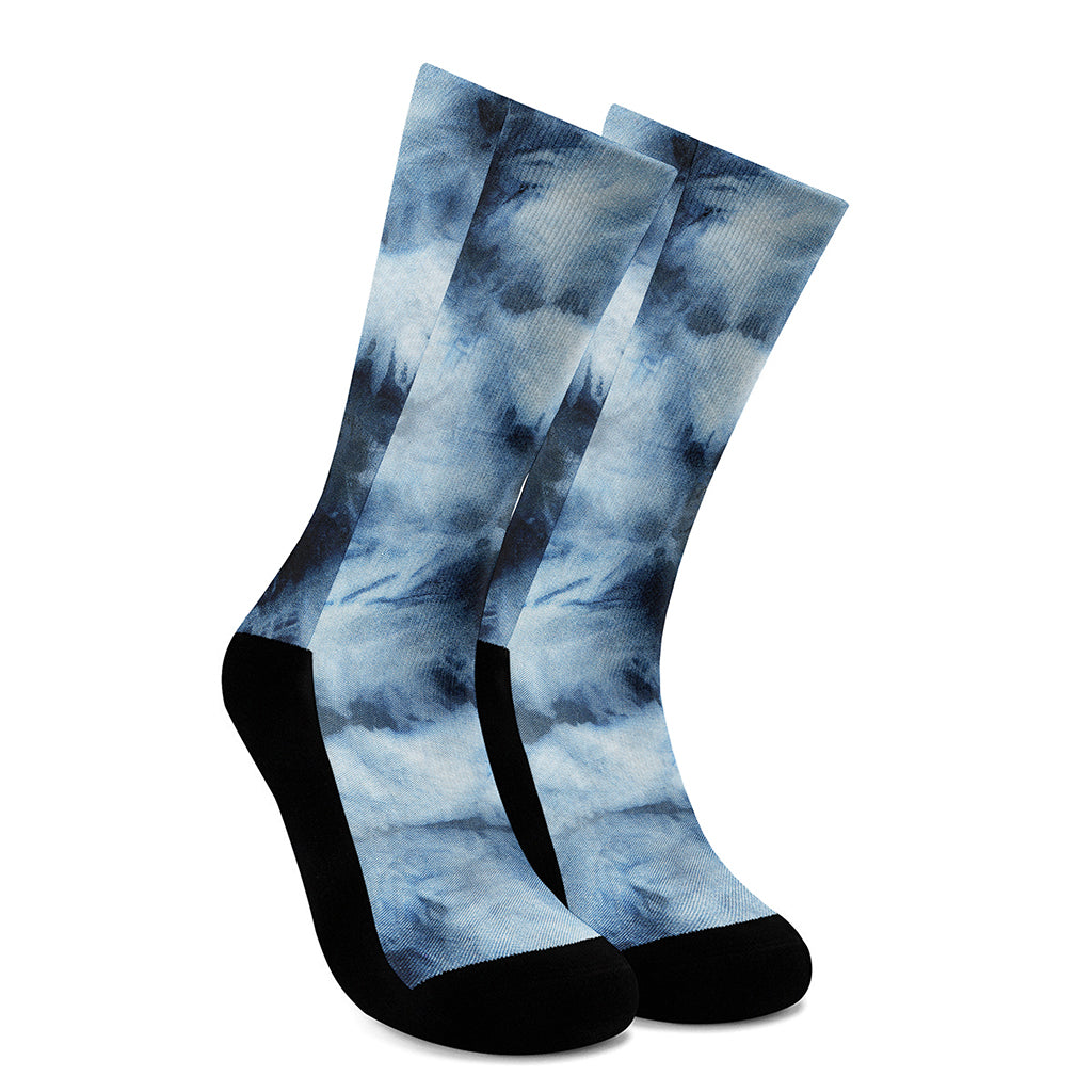 Blue And Black Acid Wash Tie Dye Print Crew Socks