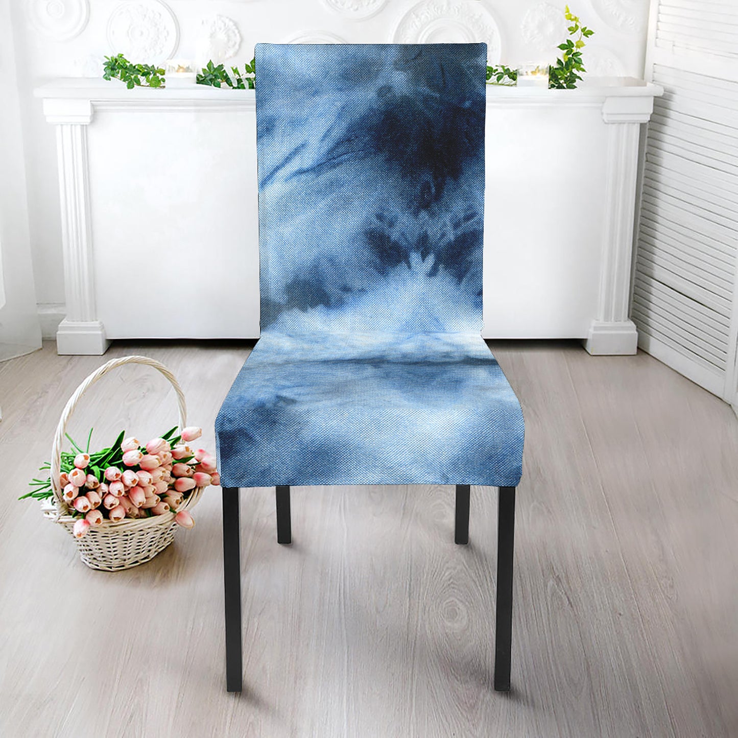 Blue And Black Acid Wash Tie Dye Print Dining Chair Slipcover