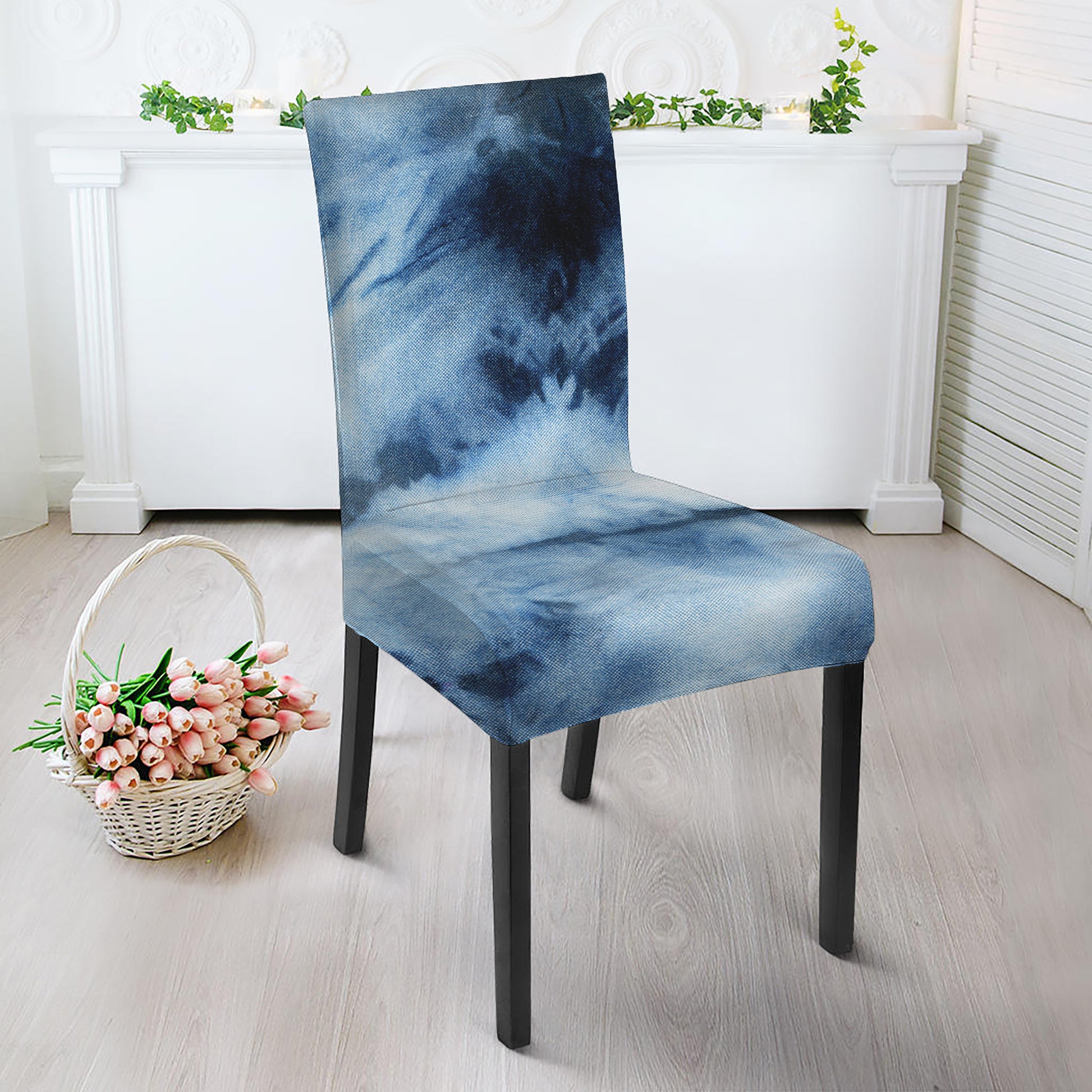 Blue And Black Acid Wash Tie Dye Print Dining Chair Slipcover