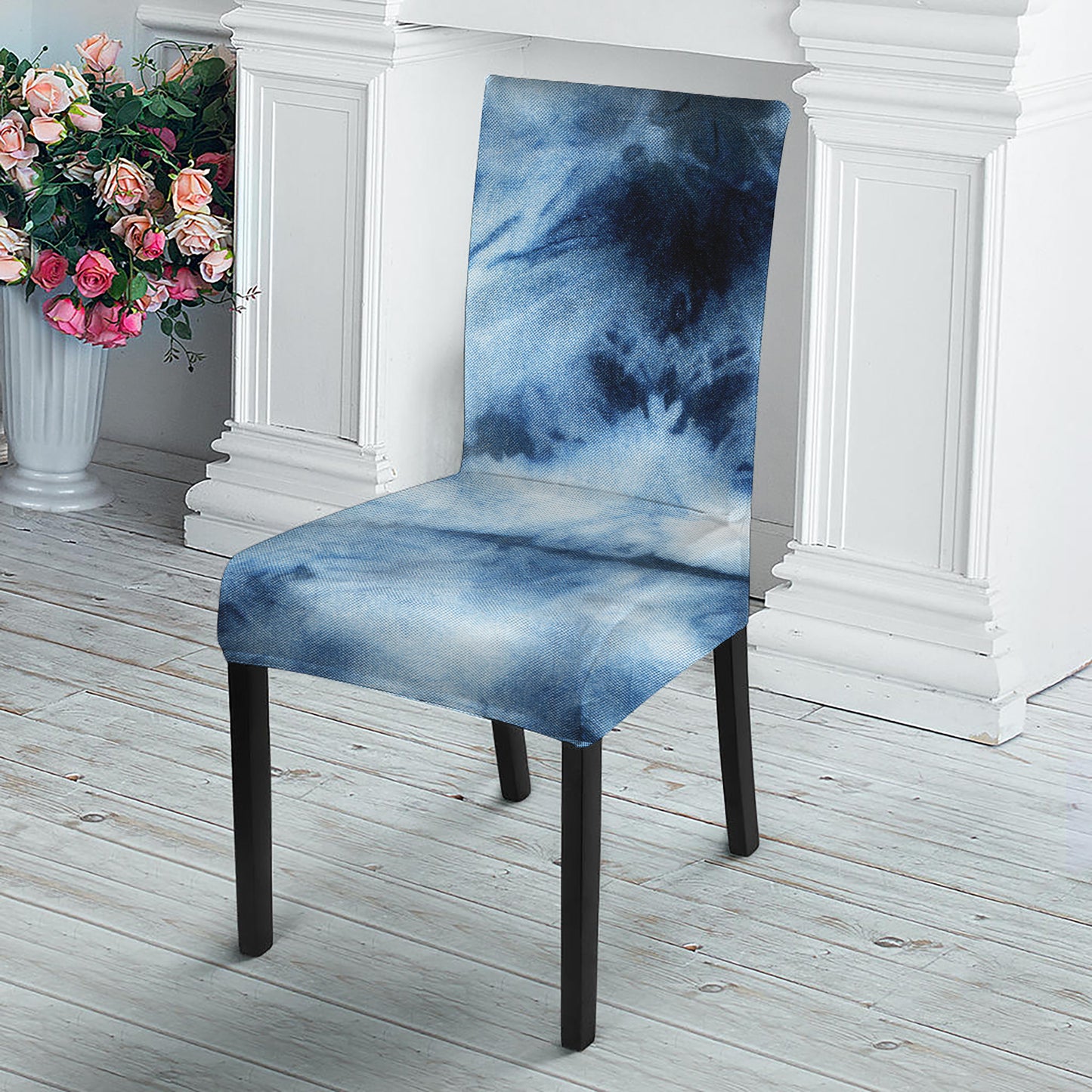 Blue And Black Acid Wash Tie Dye Print Dining Chair Slipcover