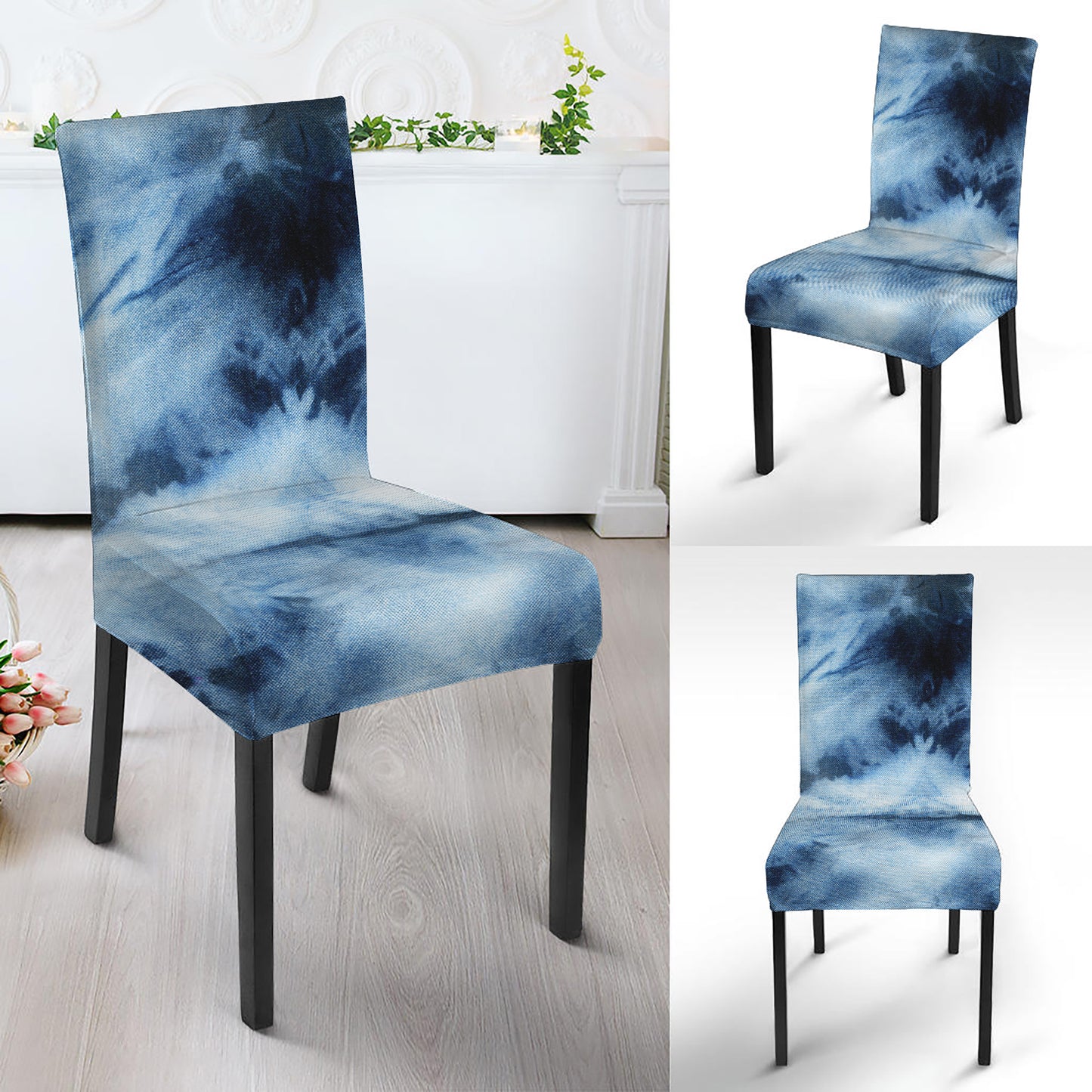 Blue And Black Acid Wash Tie Dye Print Dining Chair Slipcover