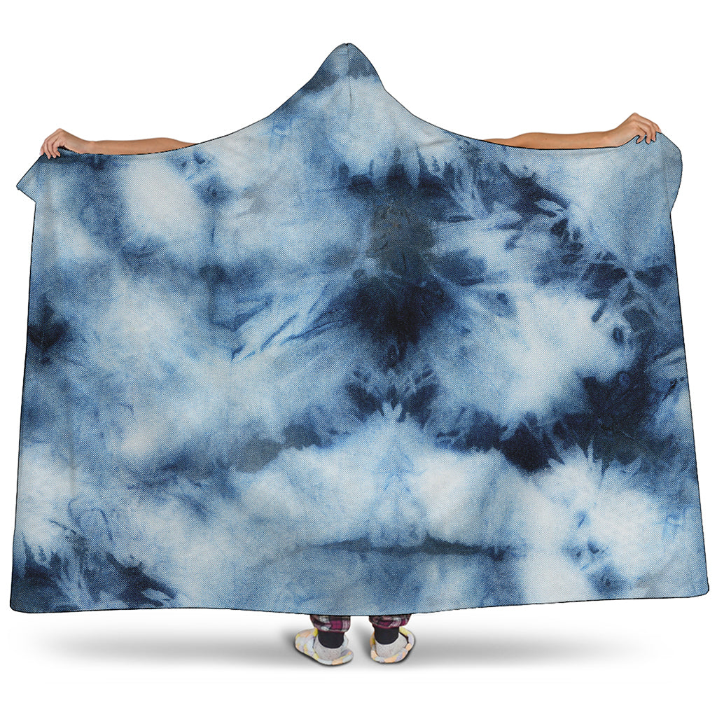 Blue And Black Acid Wash Tie Dye Print Hooded Blanket