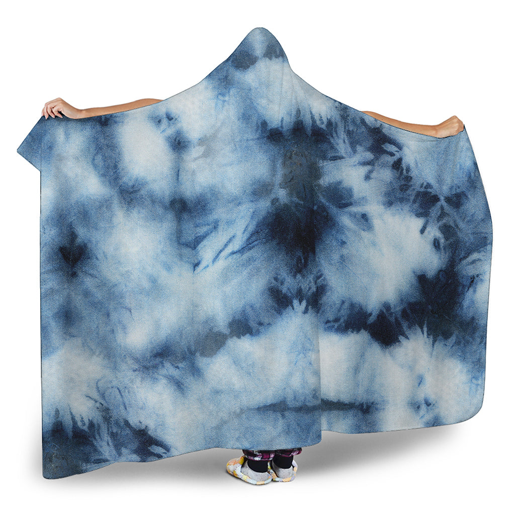 Blue And Black Acid Wash Tie Dye Print Hooded Blanket