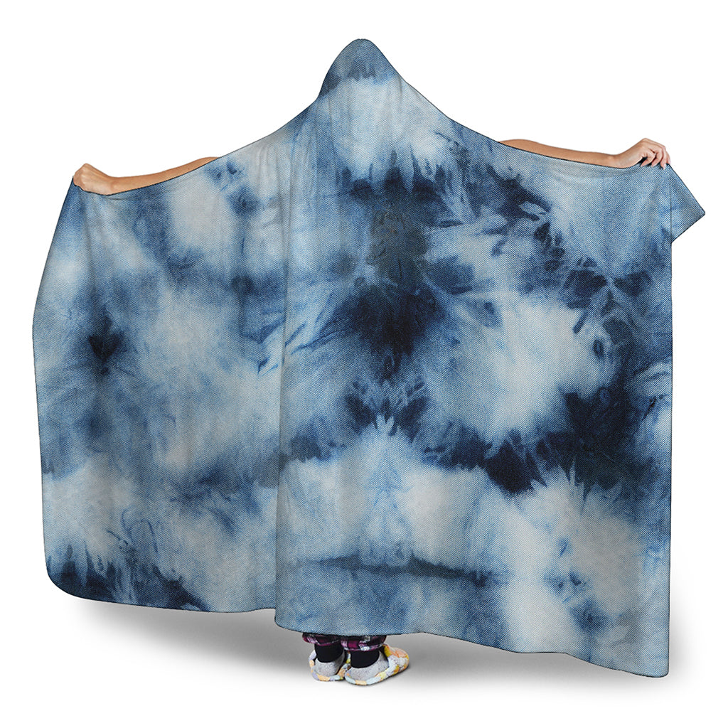 Blue And Black Acid Wash Tie Dye Print Hooded Blanket