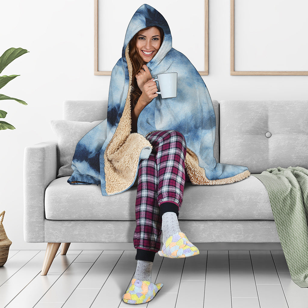 Blue And Black Acid Wash Tie Dye Print Hooded Blanket