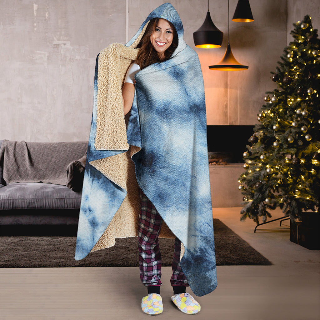 Blue And Black Acid Wash Tie Dye Print Hooded Blanket