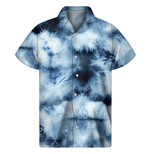 Blue And Black Acid Wash Tie Dye Print Men's Short Sleeve Shirt
